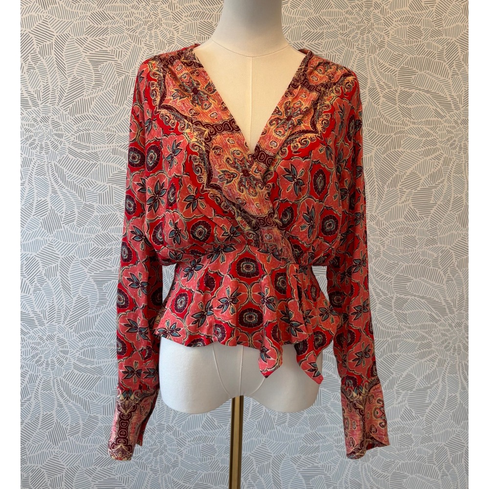 Free People Boho Red Coral Medallion Wrap Top V-Neck Peplum Long Sleeve Top XS